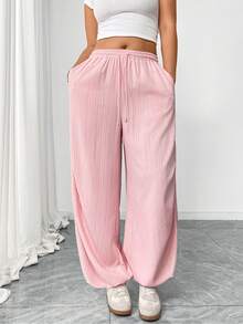 Elenzga 大码女式弹力腰阔腿条纹阔腿裤，浪漫约会之夜优雅休闲宽松长裤，粉色少女时尚街头风 - 粉色 - 查看 6