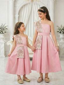 Vestido Jacquard com Um Ombro e Bainha Plissada para Meninas Pré-Adolescentes - Rosa Bebê - Visão 3