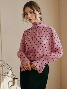 Anewsta Romantic Vacation Style Valentine's Day Pink & Black Polka Dot Ruffle Collar Long Sleeve Blouse For Women - Pink - View 5