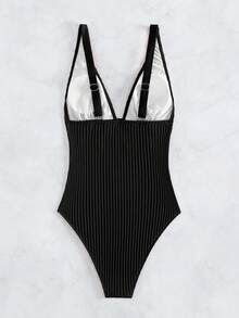 Swim Chiccia Summer Beach Plain Plunging Neck One Piece Swimsuit - Black - View 6