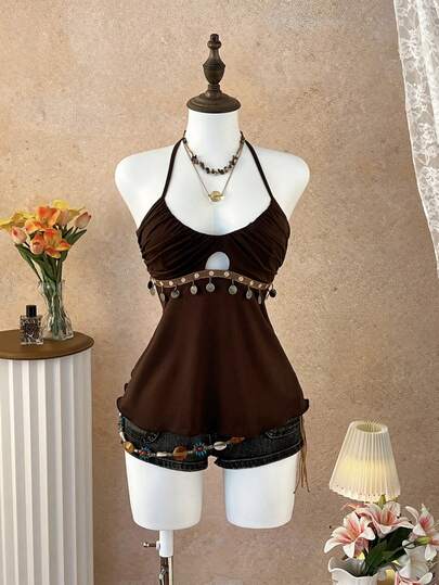 Elamini Camiseta de tirantes finos con cuello en V, espalda descubierta, adorno de borlas y colgante, estilo retro y sexy para mujer