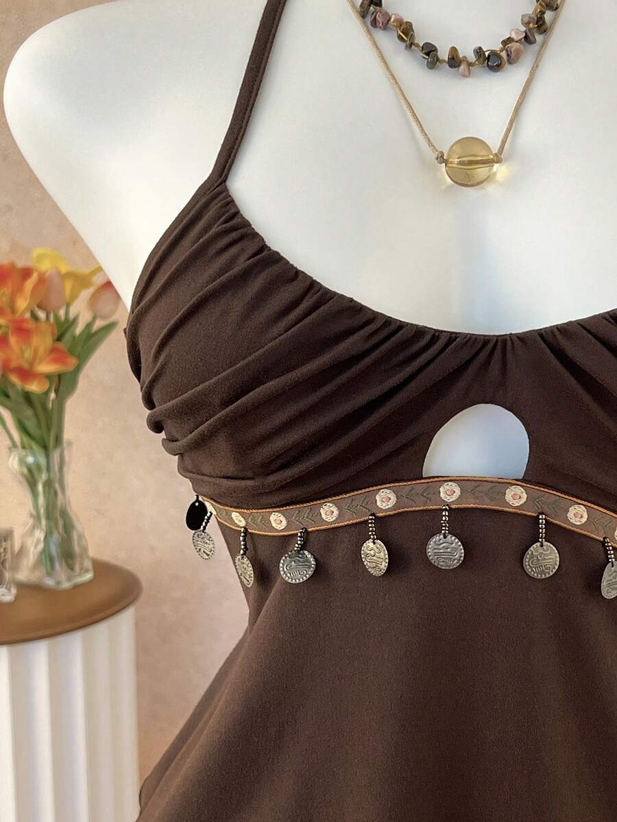 Elamini Spring Retro Sexy Backless V-Neck Pendant Tassel Trim Spaghetti Strap Camisole For Women - Brown - View 1