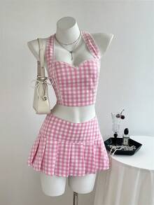 Elamini Women's Plaid Halter Top And Mini Skirt 2 Pieces Set - Pink - View 3