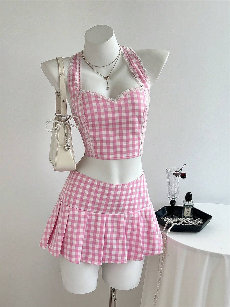 Elamini Conjunto de 2 piezas de top halter a cuadros y minifalda para mujer - Rosa - Ver 1