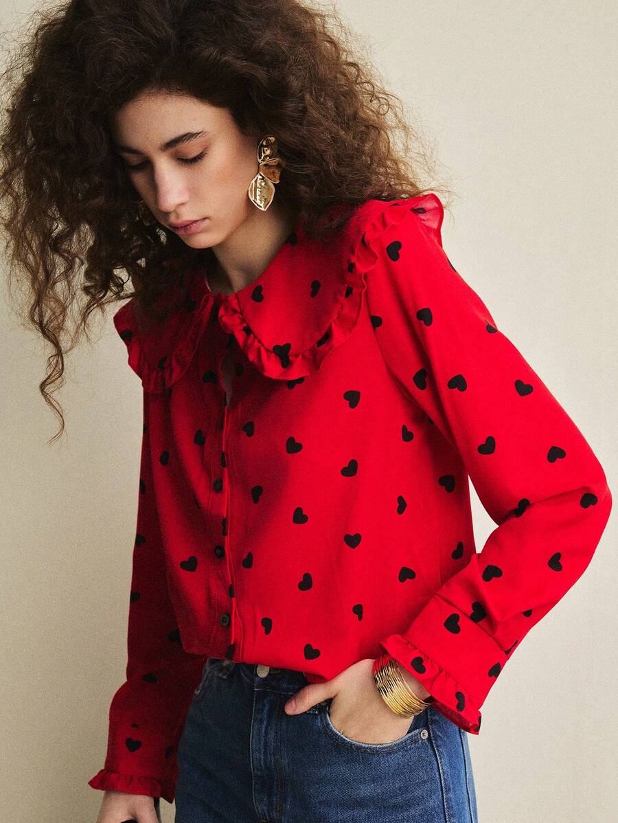 Écloséra New French Retro Spring Break Outfits For Women, Summer Tops, Summer Shirts, Valentine's Day Shirts, Valentine's Day Heart-Shaped Tops, Peter Pan Collar Open Placket Shirts, Red Shirts, Red Tops, Elegant Women's Tops, Elegant Women's Shirts, Casual Women's Shirts, Casual Women's Tops. - Red - View 1