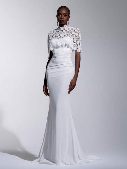 Elitara 2 Pieces Elegant Luxury Set: French Embroidered Lace Shawl, Cold Shoulder Mermaid Hem Bodycon Dress, Suitable For Various Occasions Such As Wedding Gowns And Formal Dresses