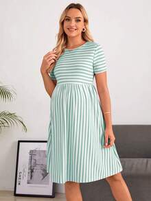 SHEIN Maternity Casual Striped Short Sleeve Dress, Summer - Baby Blue - View 4