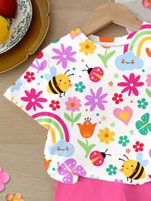 SHEIN 2pcs/Set Baby Girl Casual Cute Floral, Face, Rainbow, Insect, Butterfly Print Round Neck Short Sleeve T-Shirt And Shorts Set, Suitable For Spring/Summer Daily & Vacation