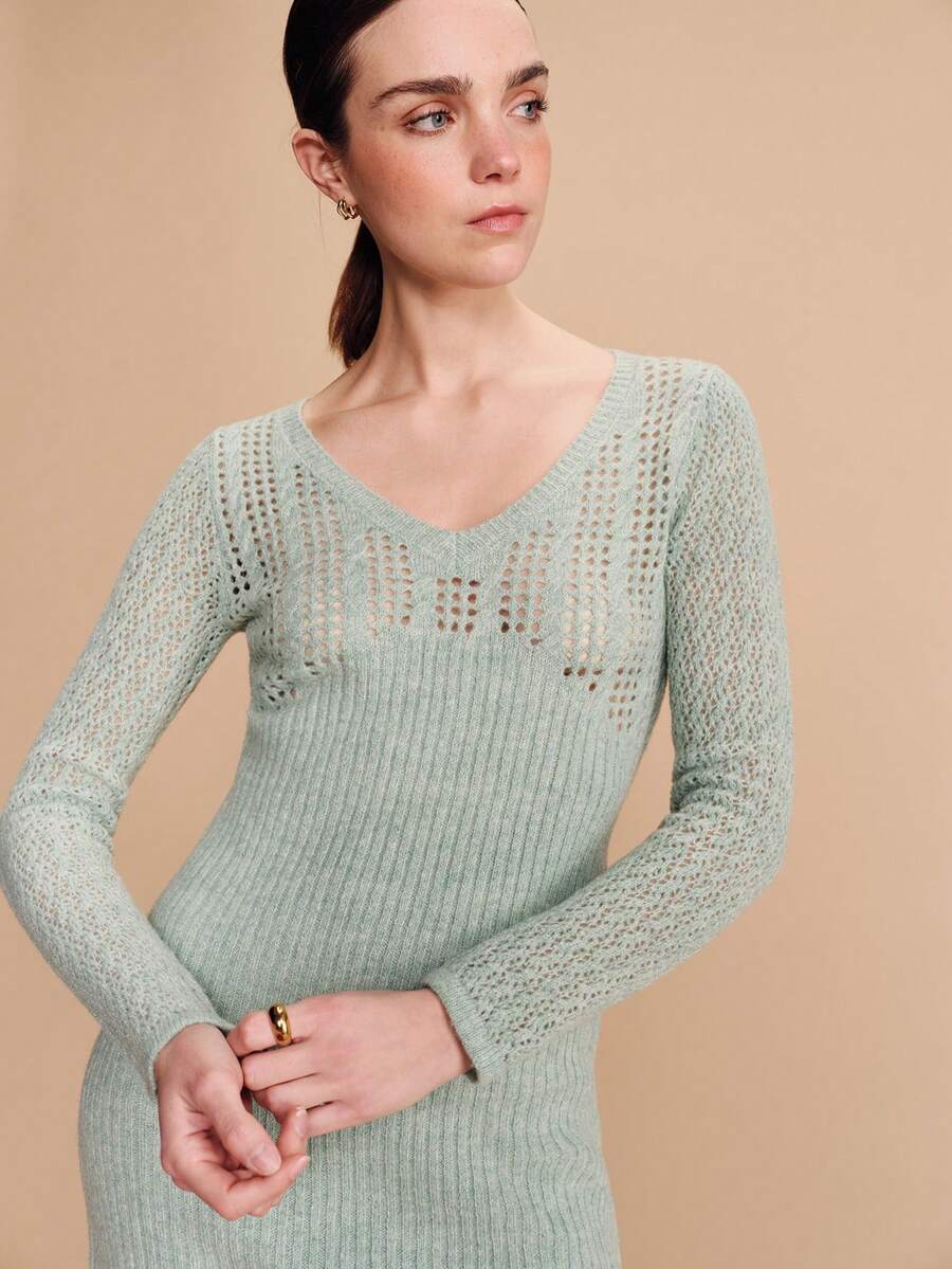 lacRébo Sage Green Crochet And Rib Knit Long Sleeve V Neck Mini Dress Spring Summer Spring Summer Valentines Day - Green - View 1
