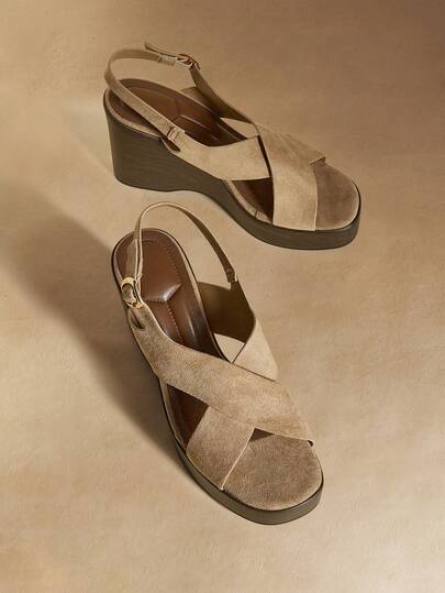 Rosivie Women's Apricot Suede Platform Wedge Sandals, Comfortable Commuting Fashion French Retro Criss-Cross Strap Increased Height Sandals, Summer Valentine's Day