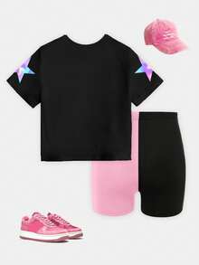 2pcs/Set Spring And Summer Casual Fashion Creative Personalized High-End Refreshing Leopard Print Patchwork Graphic Letter Print Relaxed Back-To-School Style Basic Tee + Bike Shorts Outfit, Comfortable Daily Wear, Suitable For Tween Girls In Spring, Summer And Autumn School Black And White Polka Dot - Multicolor - View 2