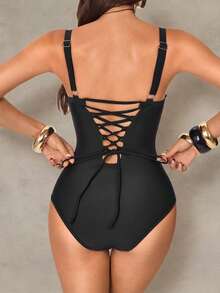 Shapewave 26SS 春夏度假沙滩塑身钢圈支撑黑色网纱性感优雅连体泳衣，新款女士泳装到货，适合上学、度假、约会、下午茶、西式、邮轮、海滩、海岛、公路旅行、四季皆宜、音乐节、波西米亚风度假、凉爽秋季、西部波西米亚风、优雅女士塑身连体泳衣黑色连体泳衣系带连体泳衣单件式泳衣性感连体泳衣女士系带露背泳衣女士单件式编织肩带连体泳衣 - 黑色 - 查看 3