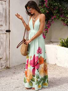 Vivid Eden Đầm hở lưng in hoa dành cho nữ, có dây buộc eo, thích hợp cho kỳ nghỉ hè. - màu xanh lá - Xem 5