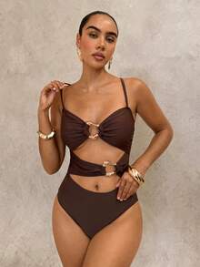 Glamine 纯色性感镂空沙滩长裙 - 棕色 - 查看 5