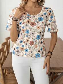 Louniche Top t-shirt élégant et décontracté pour femmes, col en V, dos nu, imprimé floral, manches à volants. Convient pour les fêtes, les sorties, le travail, les affaires, la remise des diplômes, la fête des enseignants, la rentrée scolaire, Noël, Thanksgiving, le port quotidien. Tee-shirt à manches courtes à fleurs, adapté à la vie quotidienne et aux saisons. - Multicolore - Voir 6