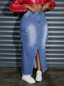 Jeanoix Rok Denim Stretch Pas Badan Kasual Ukuran Besar dengan Warna Washed - Light Wash - View 5
