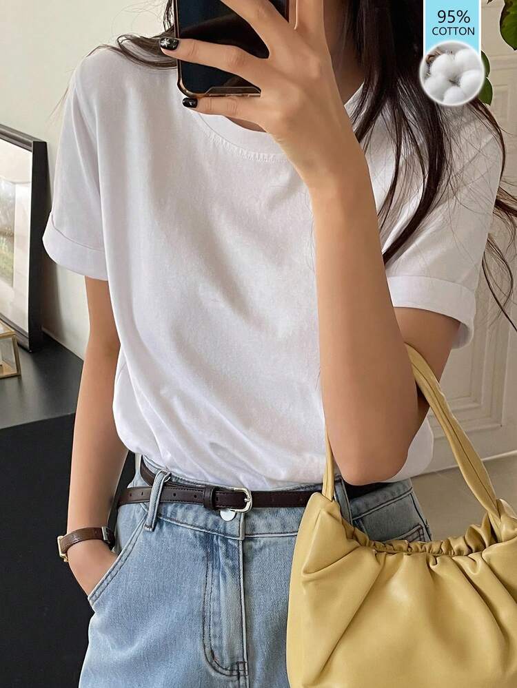 Women's Fitted Elegant All-Match Versatile Cotton Casual White Short Sleeve T-Shirt, Spring/Summer