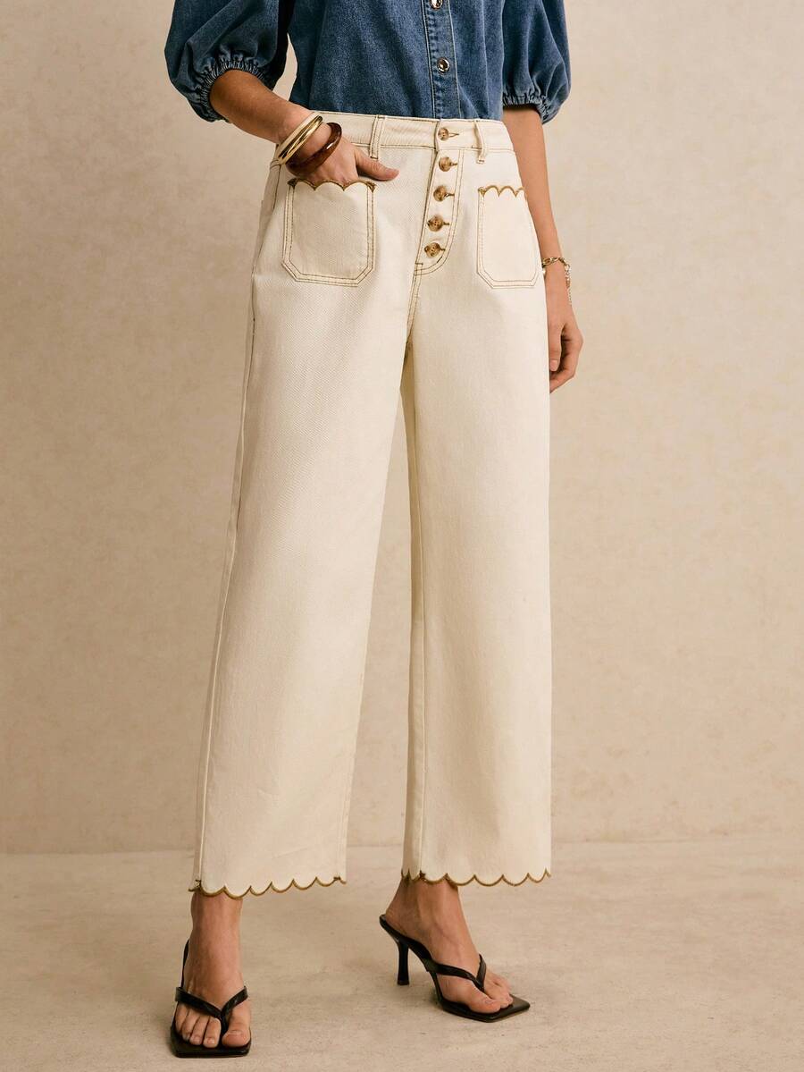 Poéselle Women's Casual Commuter Shell Trim Straight Leg Jeans - White - View 1