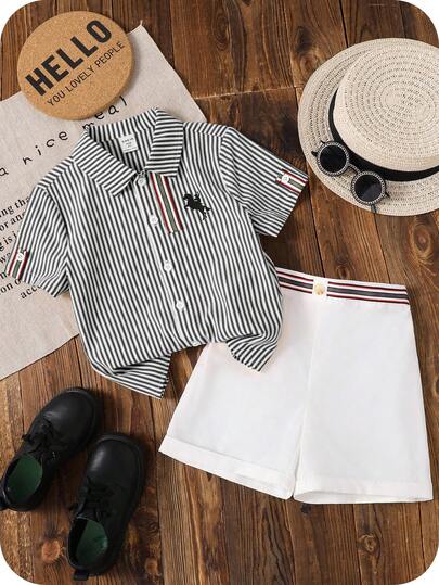 SHEIN 2pcs/Set Affordable Casual Sports College Style Colorful Striped Ribbon Decor Polo Collar Short Sleeve Shirt And Khaki Woven Shorts Set, Suitable For Daily Wear, Sports, Outings, Campus, Gatherings, Festivals, Photoshoots, Back To School Season, Spring/Summer
