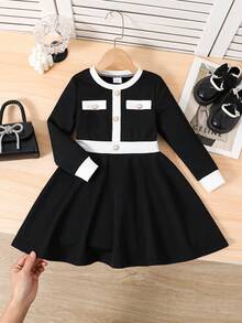 Emery Rose Kids Emery Rose Kids 少女休闲通勤优雅黑白撞色纽扣装饰荷叶边修身长袖连衣裙，秋冬16岁中长款女童连衣裙，少女优雅长袖连衣裙 - 黑與白 - 查看 3