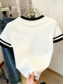 SHEIN 新款女士爱心印花宽松休闲撞色条纹圆领T恤 - 白色 - 查看 2