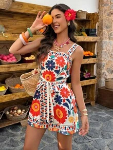 Selianne Women's Short Printed Jumpsuit, Suitable For Vacation, Spring/Summer - Multicolor - View 5