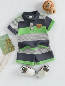 SHEIN Playful Pals 男婴休闲可爱小熊刺绣徽章条纹短袖polo衫和短裤套装，适合夏季穿着 - 彩色 - 查看 7