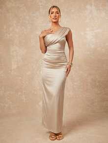 Lumalex 简约复古闪亮假日派对装扮，适合锐舞节、郊游、游泳度假、波西米亚风、户外、婚礼季、宴会、成人礼、海滩、海边、海滩度假、复活节、波西米亚风海滩户外婚礼派对、成人礼、返校派对等场合。女士纯色杏色优雅高贵缎面连衣裙，褶皱不对称修身优雅连衣裙，单肩褶皱装饰修身长裙，单肩连衣裙，单袖连衣裙，杏色连衣裙，新年连衣裙，宰牲节派对连衣裙，酒红色连衣裙，垂褶连衣裙，女士优雅连衣裙，舞会礼服，结婚纪念日，春节派对季，情人节，感恩节装扮，新年夜锐舞节，正式舞会礼服，音乐会派对宴会礼服，晚礼服，情人节约会 - 香檳色 - 查看 6