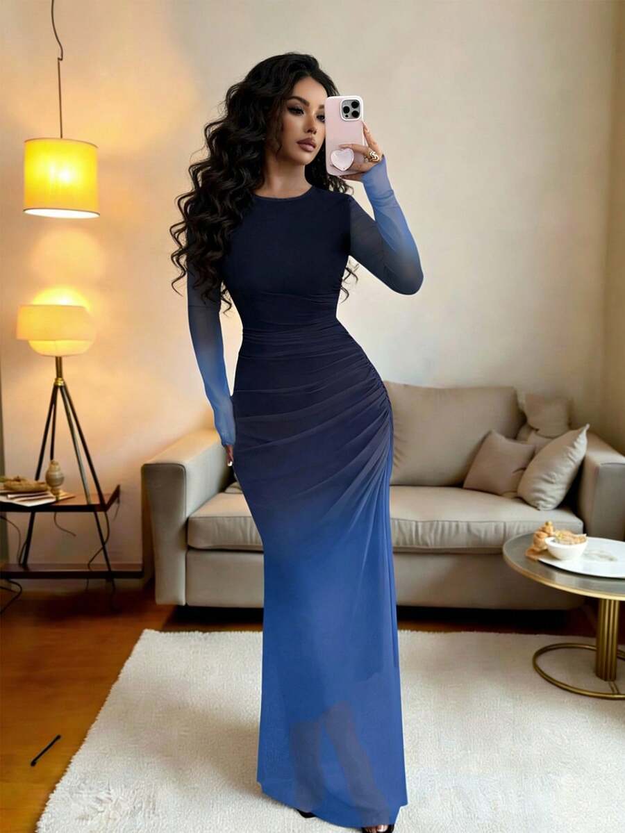 Rafferiza 女士透视网纱长袖渐变褶皱修身连衣裙,休闲日常沙滩装、居家服、办公服 - 寶藍色 - 查看 1