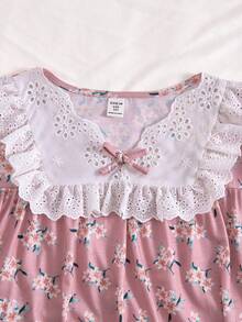 SHEIN 青少年女孩小碎花V領長袖寬鬆休閒睡裙，度假與居家小碎花長袖洋裝 - 粉色 - 查看 4