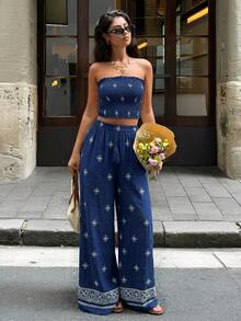 Serisse Women's Summer Vacation All-Over Print Bandeau Top And Pants 2 Pieces Set - Navy Blue - View 1