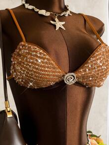 Bộ bikini màu kaki đính sequin mới dành cho nữ, thời trang cho bãi biển, kỳ nghỉ và hẹn hò, mùa xuân/hè. - màu nâu - Xem 2