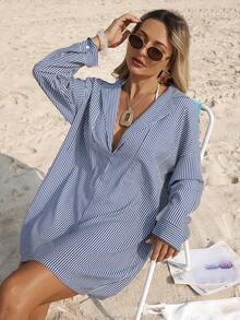 Swim Lushoire 女士性感深V领条纹休闲沙滩罩衫连衣裙，春夏款 - 寶藍色 - 查看 4