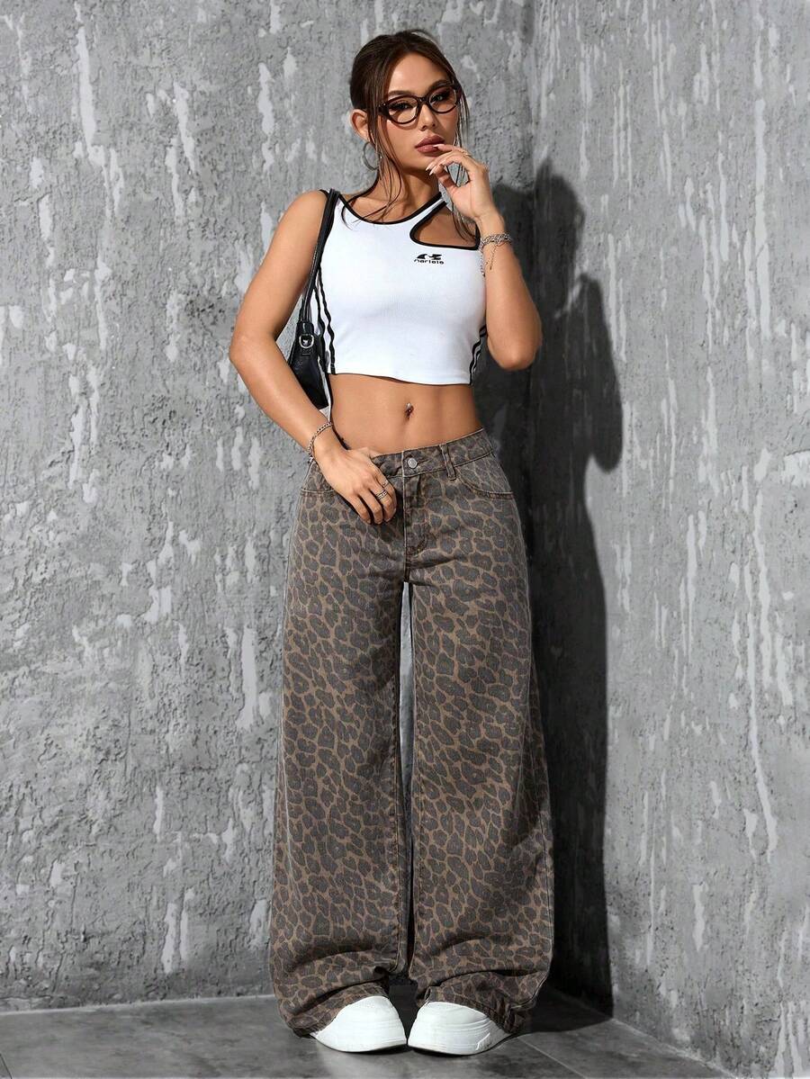 SHEIN ICON 大码女式宽松豹纹直筒牛仔裤，休闲牛仔装扮 - 彩色 - 查看 1