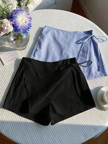 SHEIN EZwear 2件組大尺碼女款夏季休閒亞麻蝴蝶結條紋裙褲與白色抽繩圍裹短褲套裝，適合海灘度假 - 彩色 - 查看 6