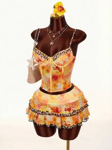 Amplova 2026 Early Spring Floral & Leopard Print Low-Cut Blouse, Low-Waist A-Line Skirt, Women's 2-Piece Set - Multicolor - View 4