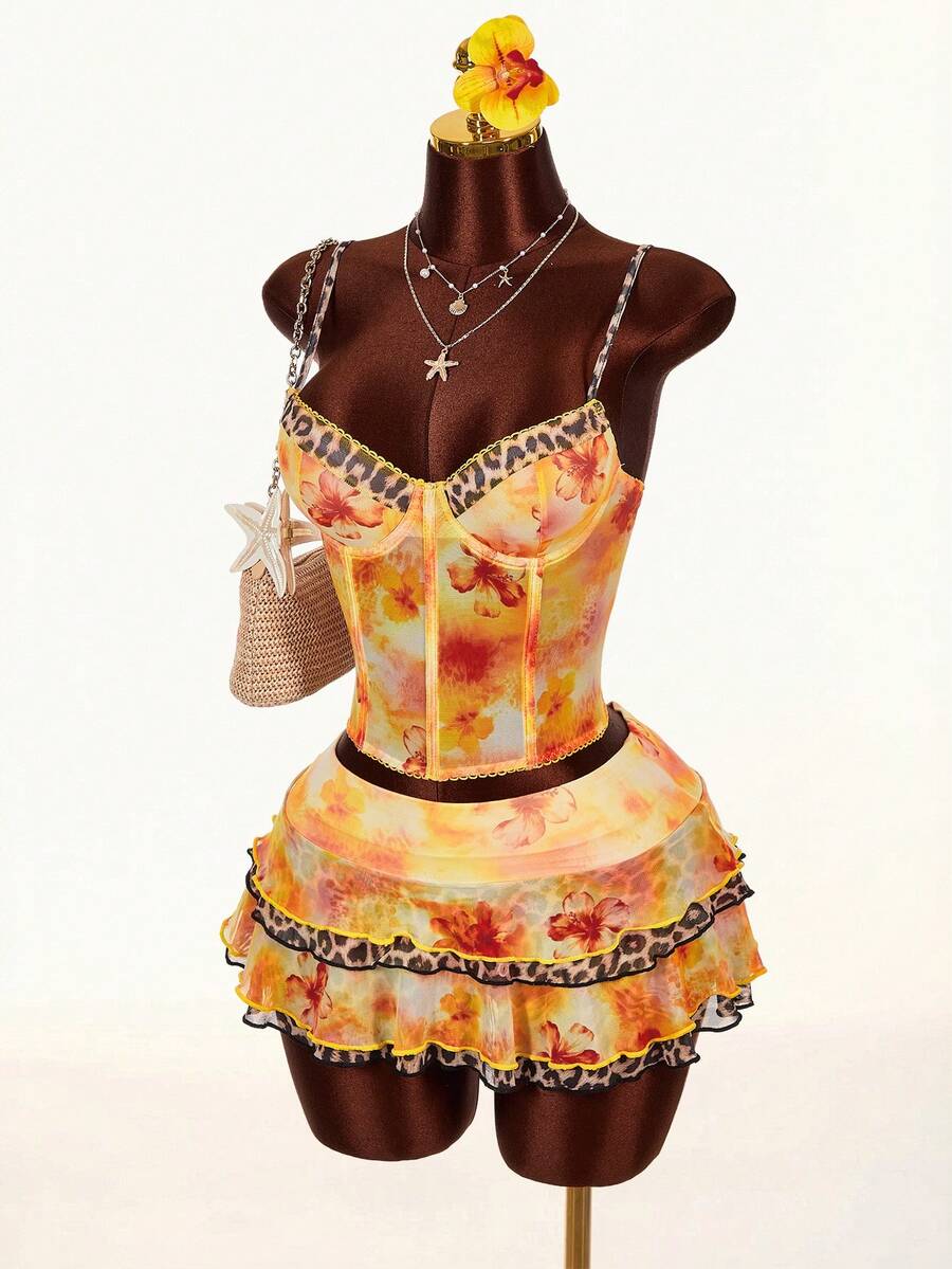 Amplova 2026早春花卉豹纹低胸上衣，低腰A字裙，女士两件套 - 彩色 - 查看 1