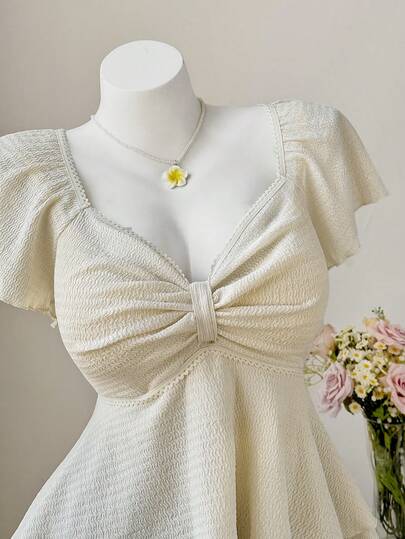 Sweetra Casual Elegant Simple French Bust Cup A-Line Ruffle Hem Short Sleeve Plus Size Women T-Shirt, Summer