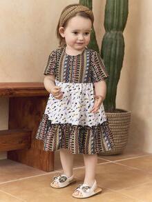 SHEIN Baby Girl Woven Ditsy Floral Casual Dress - Multicolor - View 5