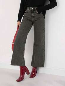 SHEIN PETITE 100%Cotton Raw Hem Wide Leg Jeans Petite - Light Grey - View 3