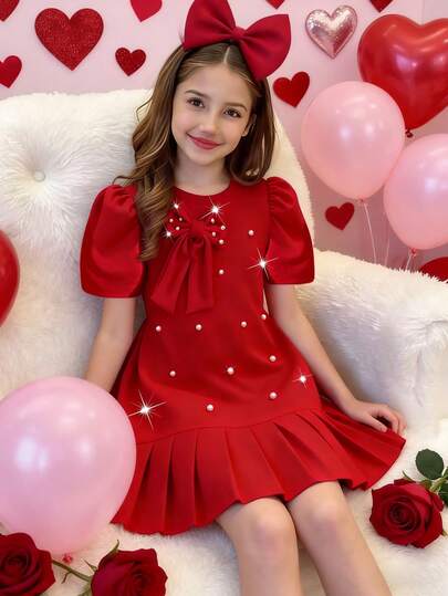 Elladie kids New European & American Style Summer Round Neck Bow Decor Hem Pleated Elegant Cute Short Sleeve A-Line Dress, Red