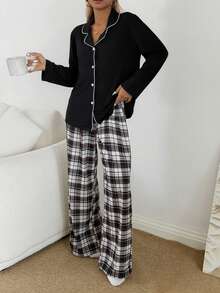 SHEIN 女士翻领纽扣装饰格子印花睡衣套装，黑色，秋冬服装 - 彩色 - 查看 1