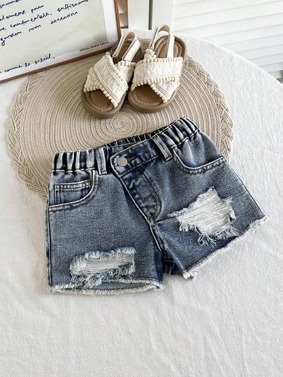 Young Girls Fashionable Denim Shorts, Summer New Korean Design Wide Leg Rolled Hem Pants