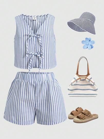 Girlism Tween Girls Blue & White Striped Bow Decor Camisole & Shorts Co-Ord Set
