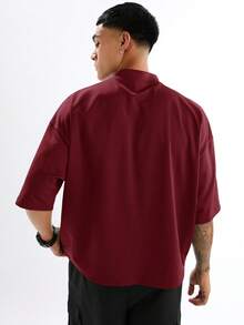 SWAVVY Áo thun nam dệt kim tay ngắn, màu trơn, dáng rộng, phong cách thường ngày - Màu Đỏ Sâu - Xem 5