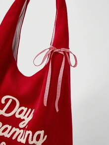 ROMWE Kawaii Túi xách nữ màu đỏ thời trang in chữ hoạt hình, dung tích lớn, kiểu dáng sinh viên, thường ngày, màu đỏ, dùng để đi mua sắm. - Đỏ - Xem 3