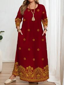 EMERY ROSE Sparkly Floral Print Plus Size Long Sleeve Round Neck Dress, Suitable For Holidays,Vacation/Summer/Spring - Multicolor - View 5