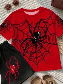 SHEIN 男童休闲T恤套装，经典酷炫卡通蜘蛛英雄图案，蜘蛛网，印花设计，适合春夏穿着 - 彩色 - 查看 5