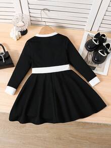 Emery Rose Kids Emery Rose Kids 少女休闲通勤优雅黑白撞色纽扣装饰荷叶边修身长袖连衣裙，秋冬16岁中长款女童连衣裙，少女优雅长袖连衣裙 - 黑與白 - 查看 4