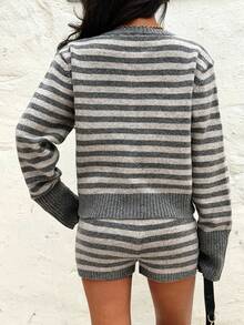 EgrlEra Striped Cardigan And Shorts Sweater Two Pieces Set,Casual Autumn Knitted Coat And Shorts Set - Grey - View 2